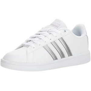 White Adidas Superstar Shoes With Silver Stripes